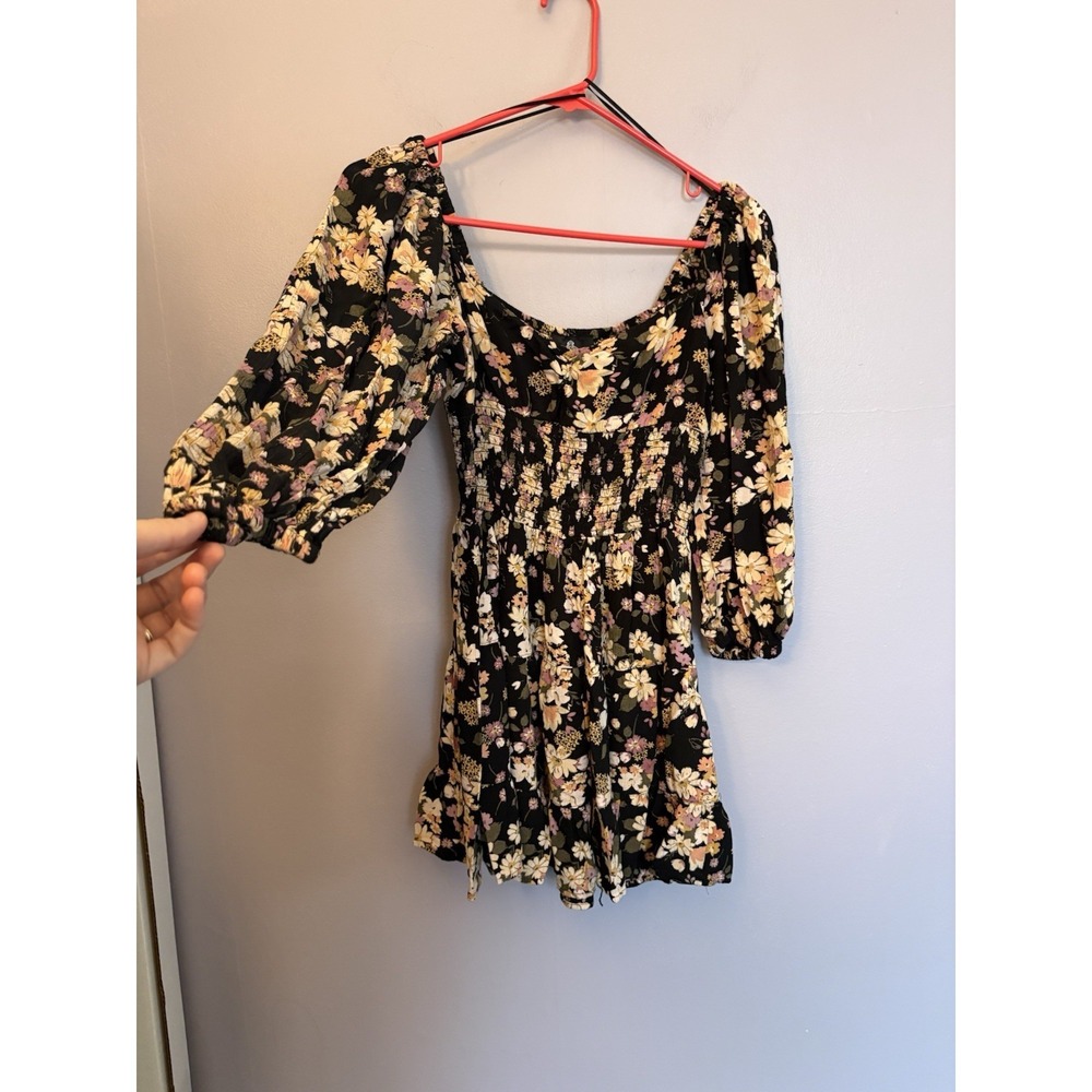 Angie Black Floral 3/4 Sleeve Mini Dress Size‎ S Whimsigoth Boho Western Cottage